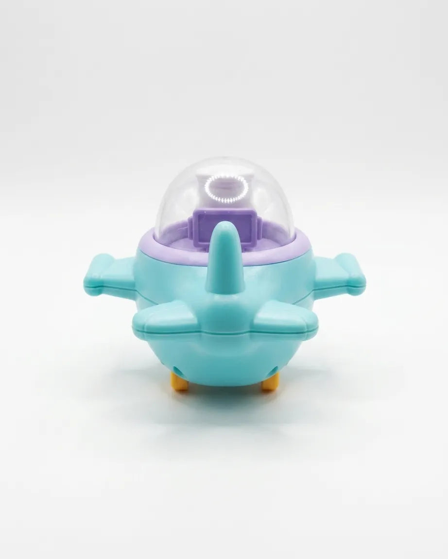 Sky-blue toy airplane with clear dome and teal nose cone, front view