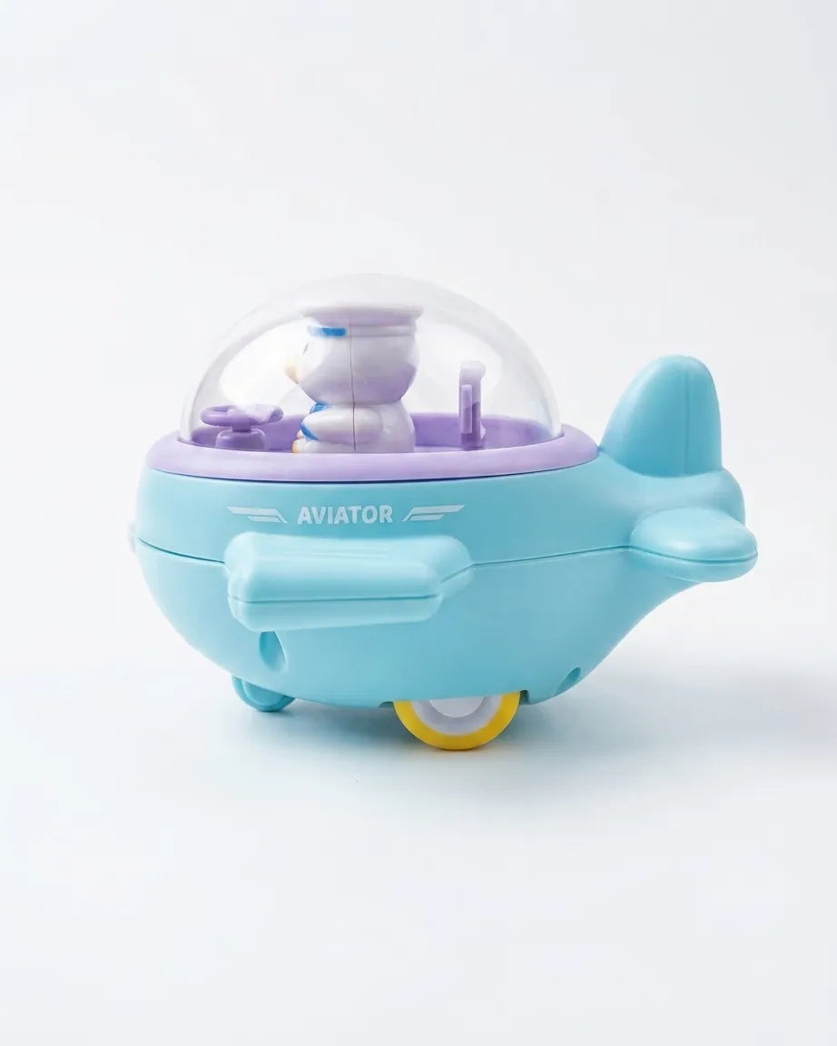 Sky-blue toy airplane with clear dome and “AVIATOR” text, pilot inside