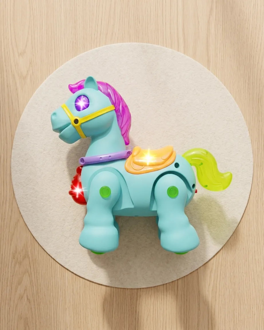 Light-up walking pony toy with purple mane and colorful saddle accents