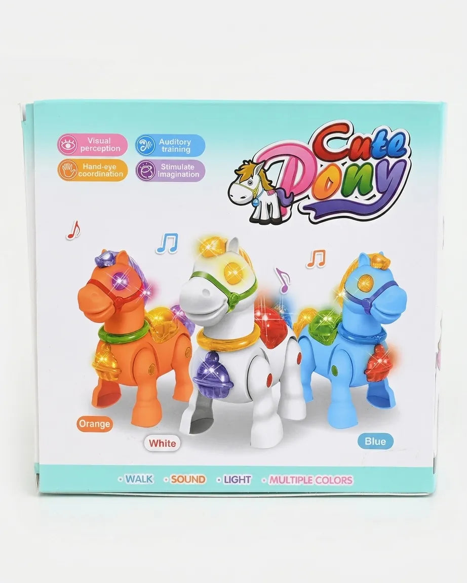 Cute Day walking pony toy package showing blue, white, and orange light effects