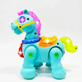 Light-up walking pony toy in blue with purple mane and glowing star accents