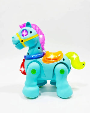 Light-up walking pony toy in blue with purple mane and glowing star accents