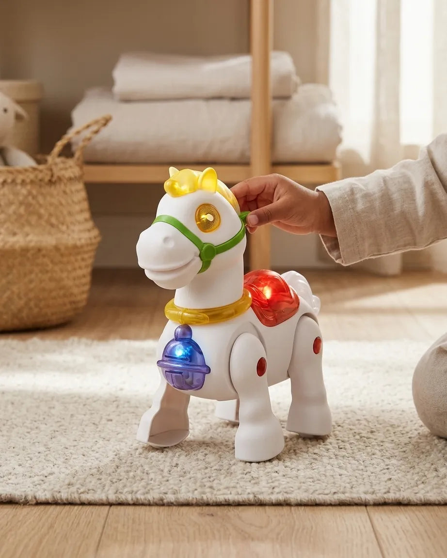 White walking pony toy with red and blue light pods, held by hand on floor