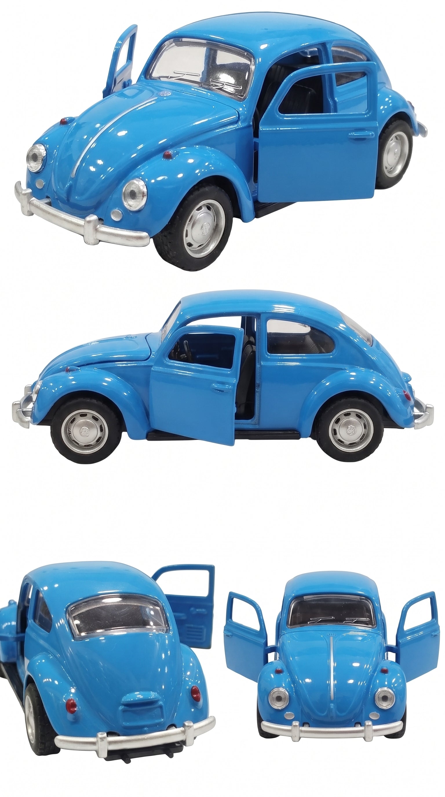 Blue Volkswagen Beetle diecast model car toy, side view with chrome details