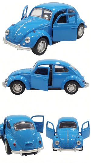 Blue Volkswagen Beetle diecast model car toy, side view with chrome details