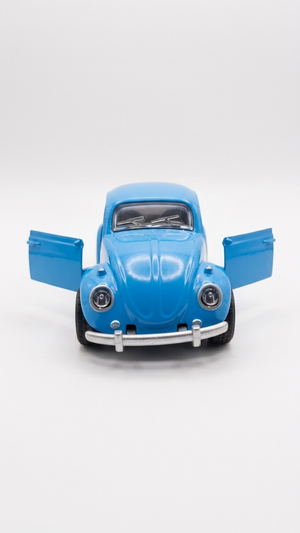 Blue Volkswagen Beetle diecast model car toy, front view with doors open