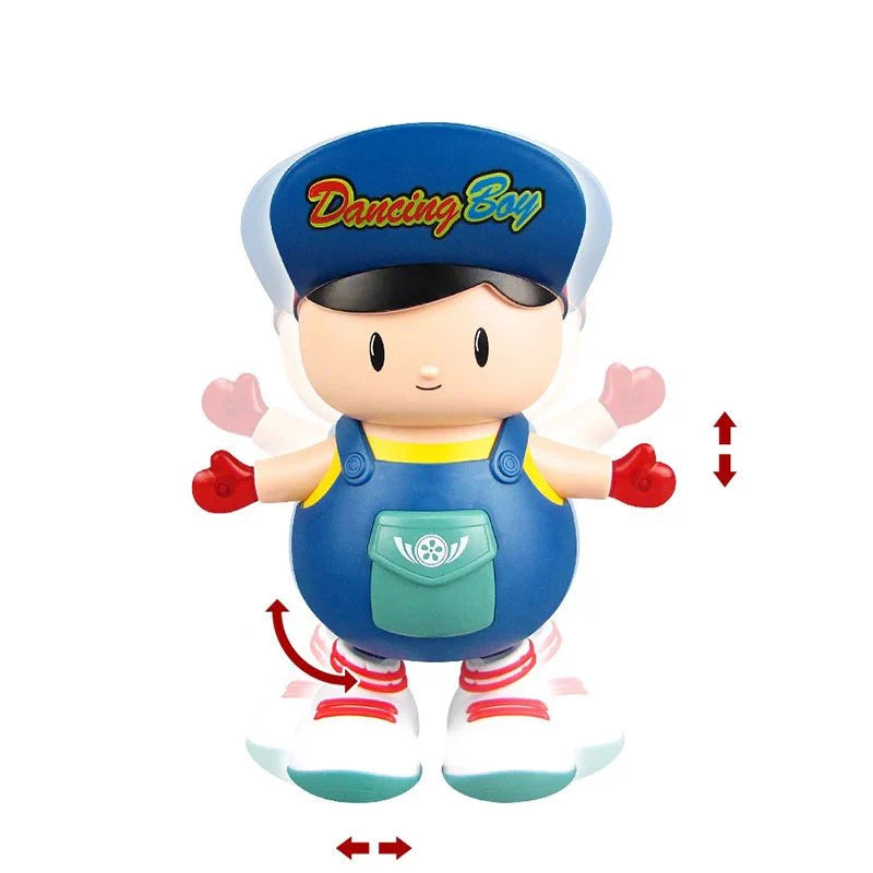 Dancing boy toy in blue outfit with backpack, red hands, and motion arrows