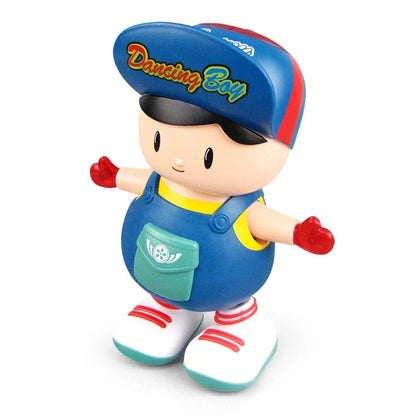 Dancing boy toy, blue uniform and cap, side pose with red hand grips