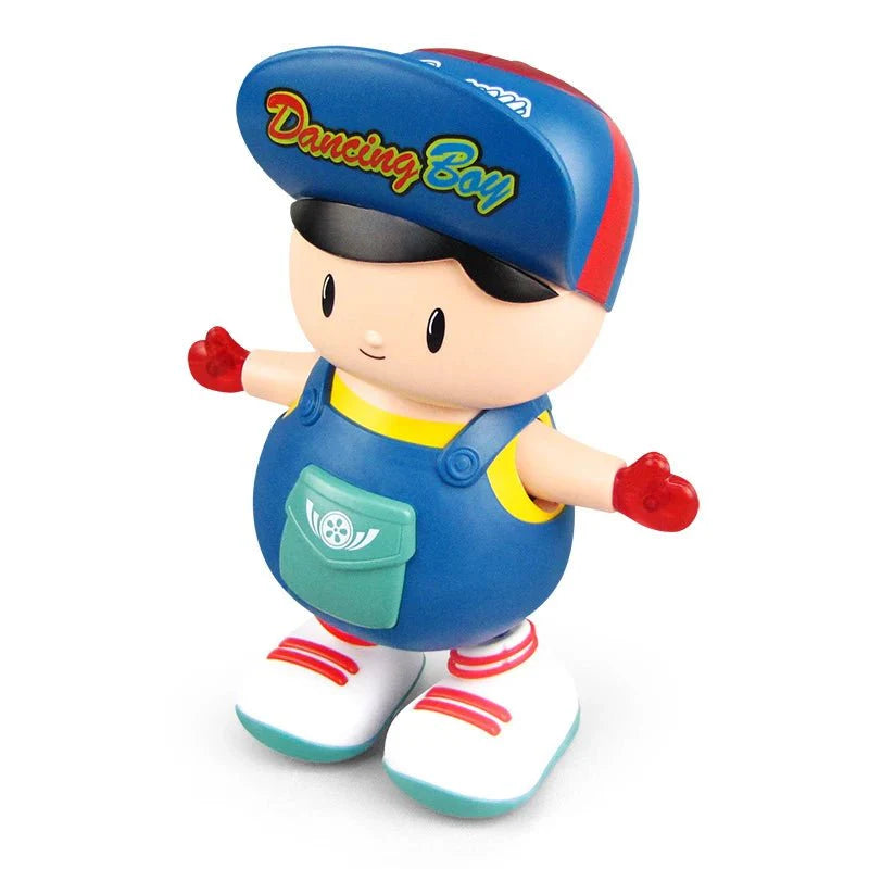 Dancing boy toy, blue uniform and cap, side pose with red hand grips