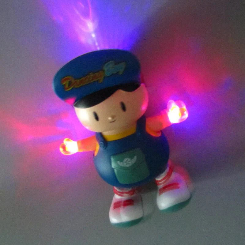 Blue dancing boy toy with glowing flashing LED lights on hands and feet