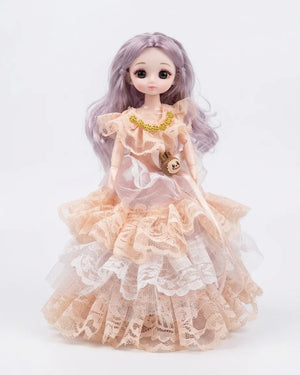 Lavender-haired dancing princess doll in cream layered ruffled dress and gold details