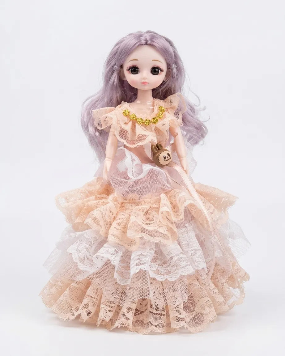 Lavender-haired dancing princess doll in cream layered ruffled dress and gold details