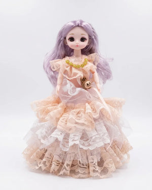 Lavender-haired princess doll with cream tiered ruffles and ribbon wand accessory