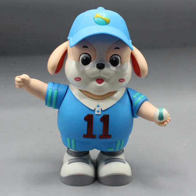 Dancing tennis dog toy plush dog figure in blue cap and jersey with number 11