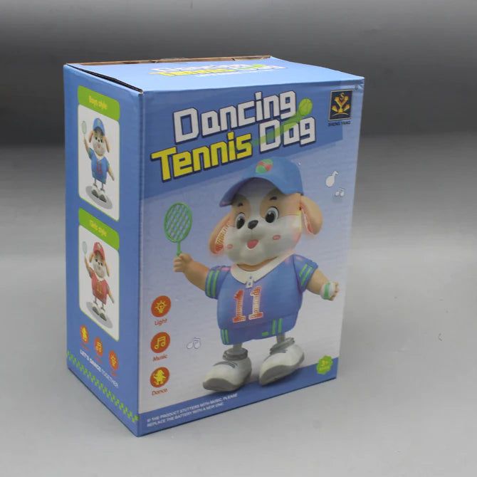 Dancing tennis dog toy retail box with mascot dog in blue jersey