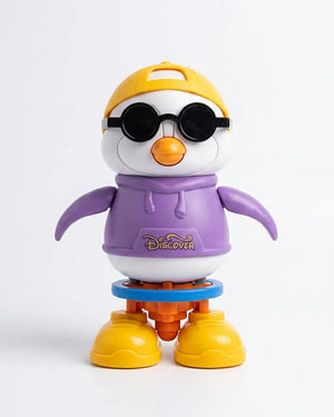 Dancing penguin toy figure with yellow cap, black goggles, purple shirt, orange beak and boots