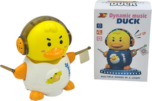 Boxed musical duck toy with yellow head, orange beak, and over-ear headphones