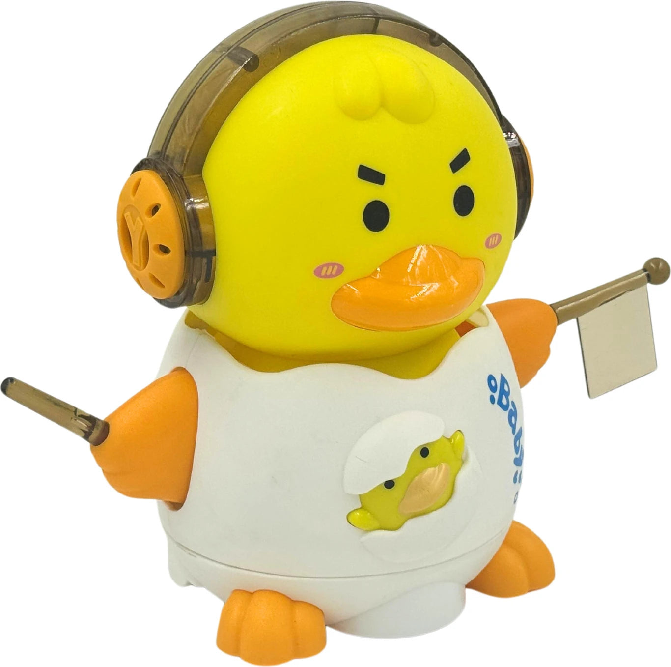 Musical duck toy with yellow face, orange beak, and clear over-ear headphones