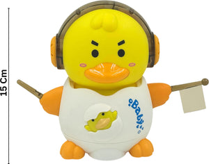 Musical dancing duck toy with yellow head, orange beak, and headphones; light-up