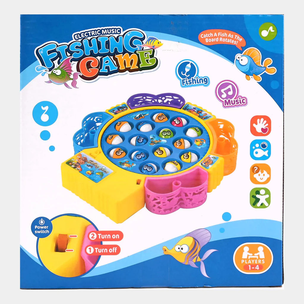 Electric music fishing game board with fish and music icons on the front box