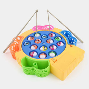 Colorful electric fishing game with blue fish-tank, knobs, and pink hanging rods
