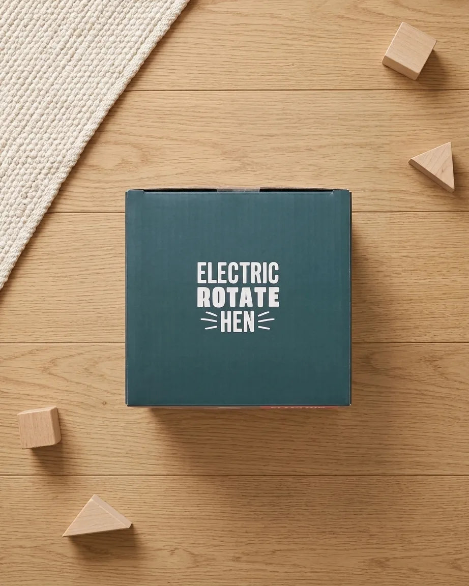 Electric rotate hen battery toy box in teal with printed logo