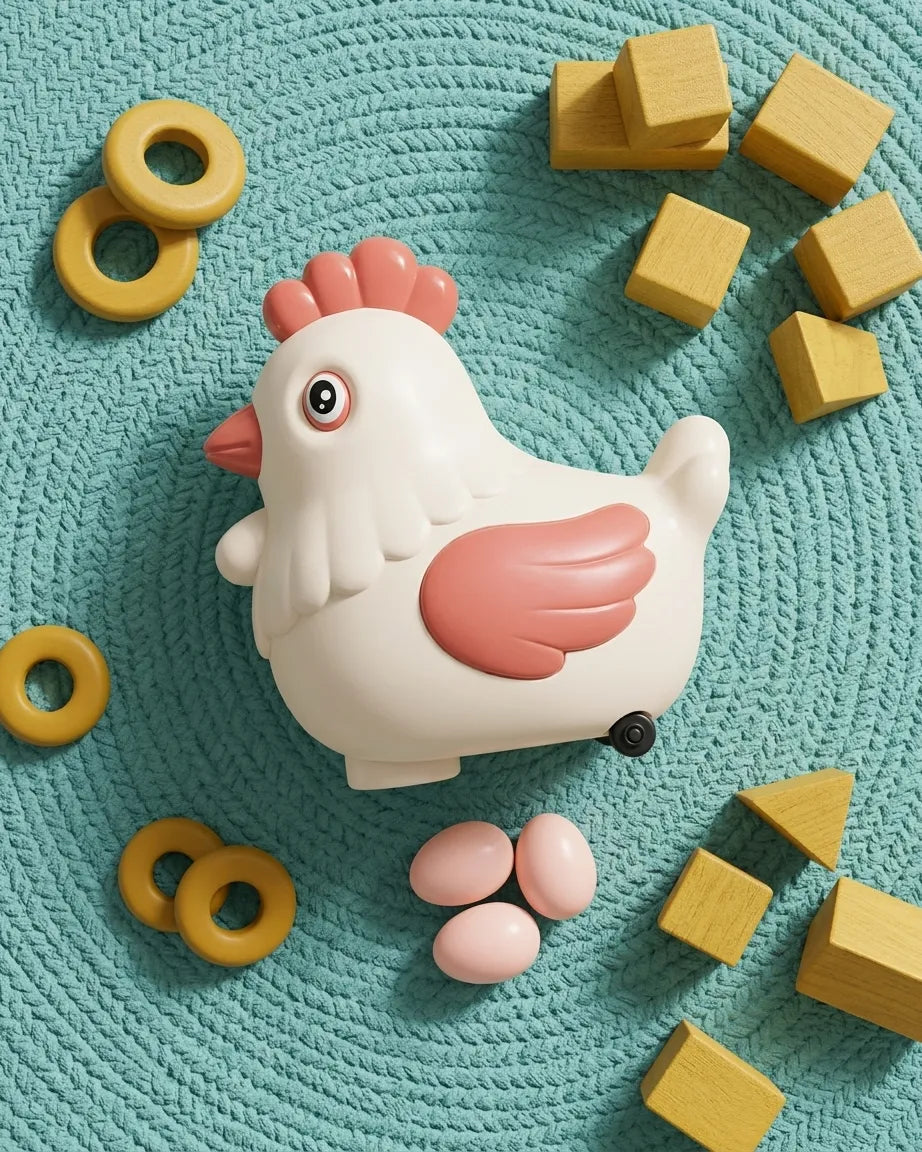 White and pink egg-laying chicken toy on teal mat with wooden blocks