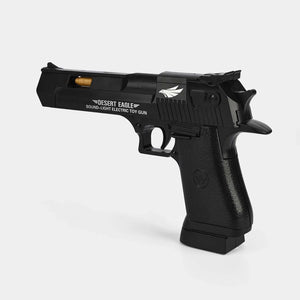 Black electric toy pistol with sound-light accents and textured grip