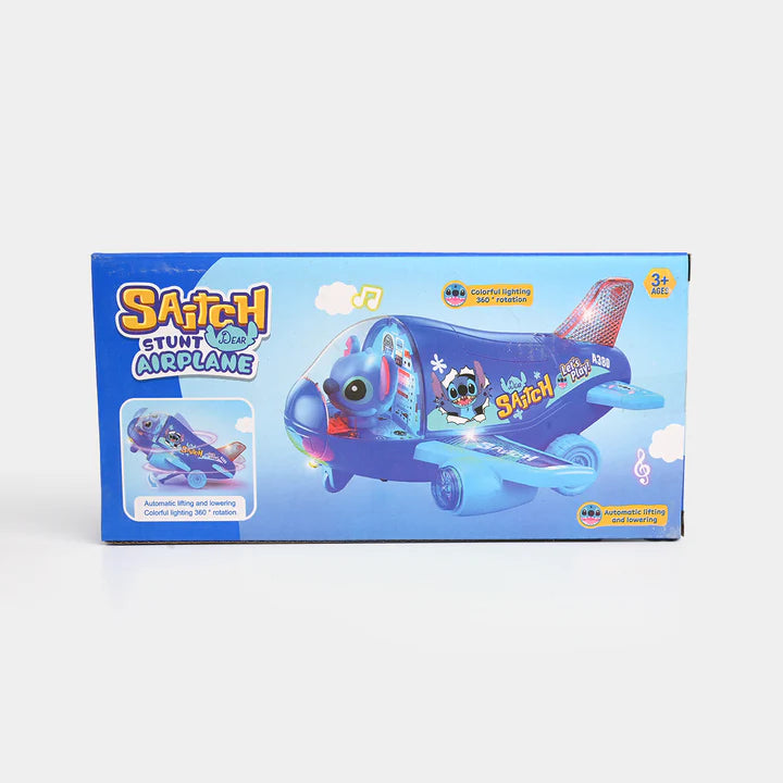 Stitch cartoon airplane toy box with blue plane, activity graphics, and age 3+
