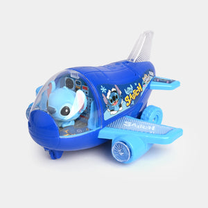 Blue Stitch cartoon airplane toy with clear cockpit, character face, and landing wheels