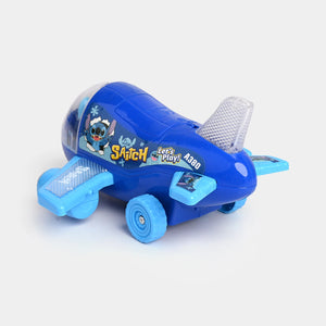 Blue Stitch cartoon airplane toy side view with tail fin, clear cockpit, and landing wheels
