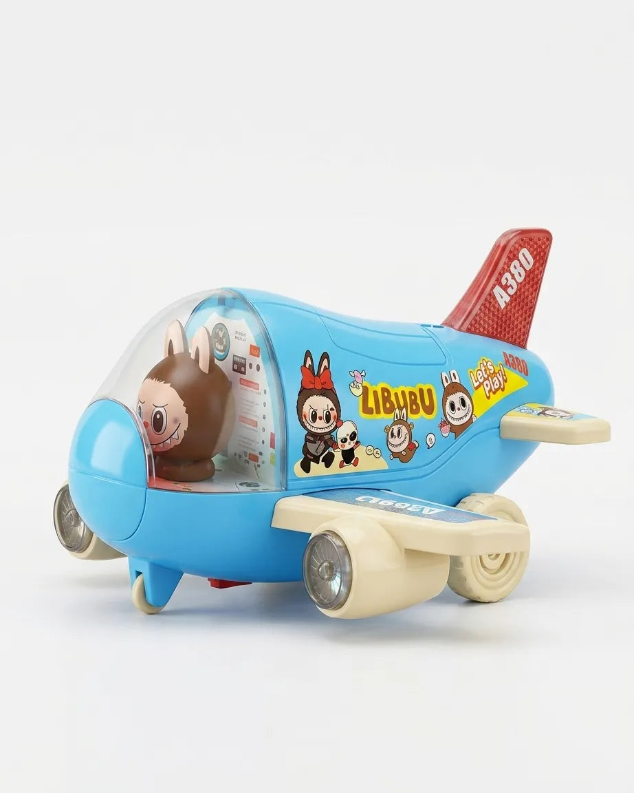 Light blue cartoon airplane toy with character graphics, clear cockpit, and beige wheels