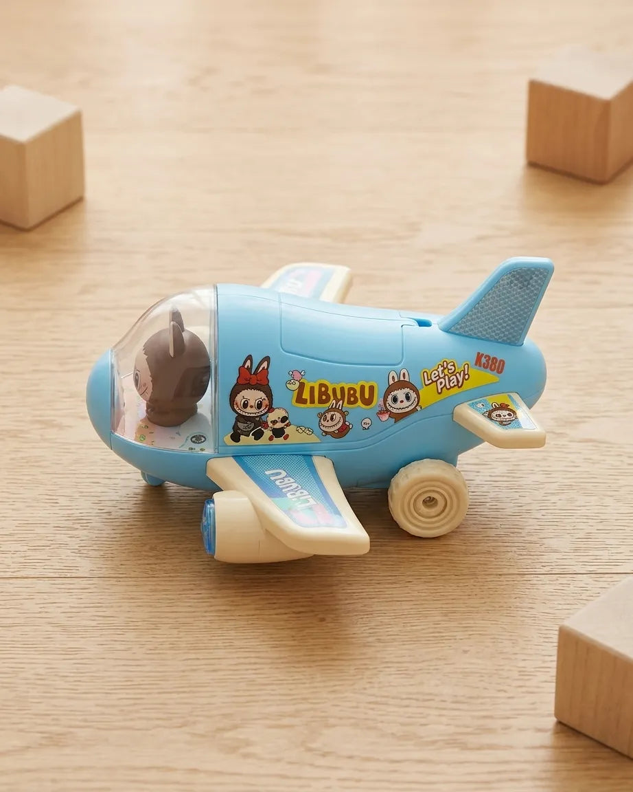 Blue electric cartoon airplane toy with character decals, clear cockpit and front wheels