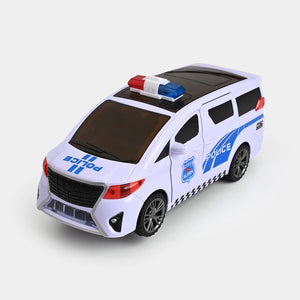 White police toy car with blue stripe and checkered decals, roof light bar