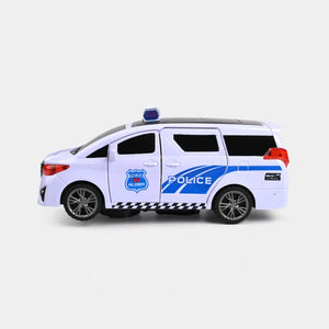 White police toy car side view with blue markings, roof light bar, black wheels