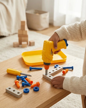 Child using yellow toy drill with screws and tools on a wooden tabletop