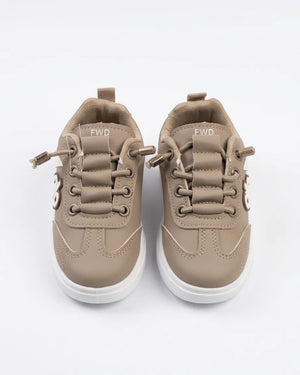 Grey and black Alo kids sneakers worn, showing lace-up fronts and white soles