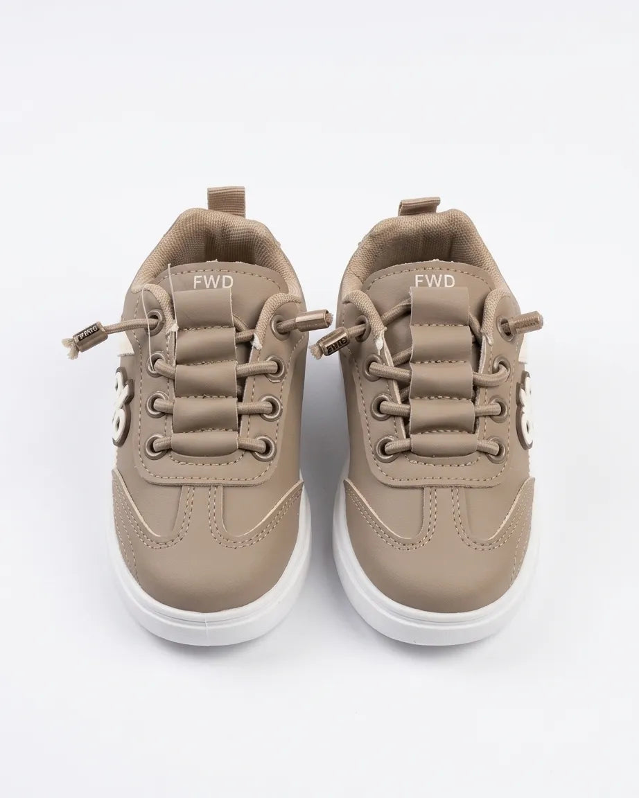 Grey and black Alo kids sneakers worn, showing lace-up fronts and white soles