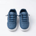 Blue Alo kids sneaker side profile with white contrast panel and raised alo lettering