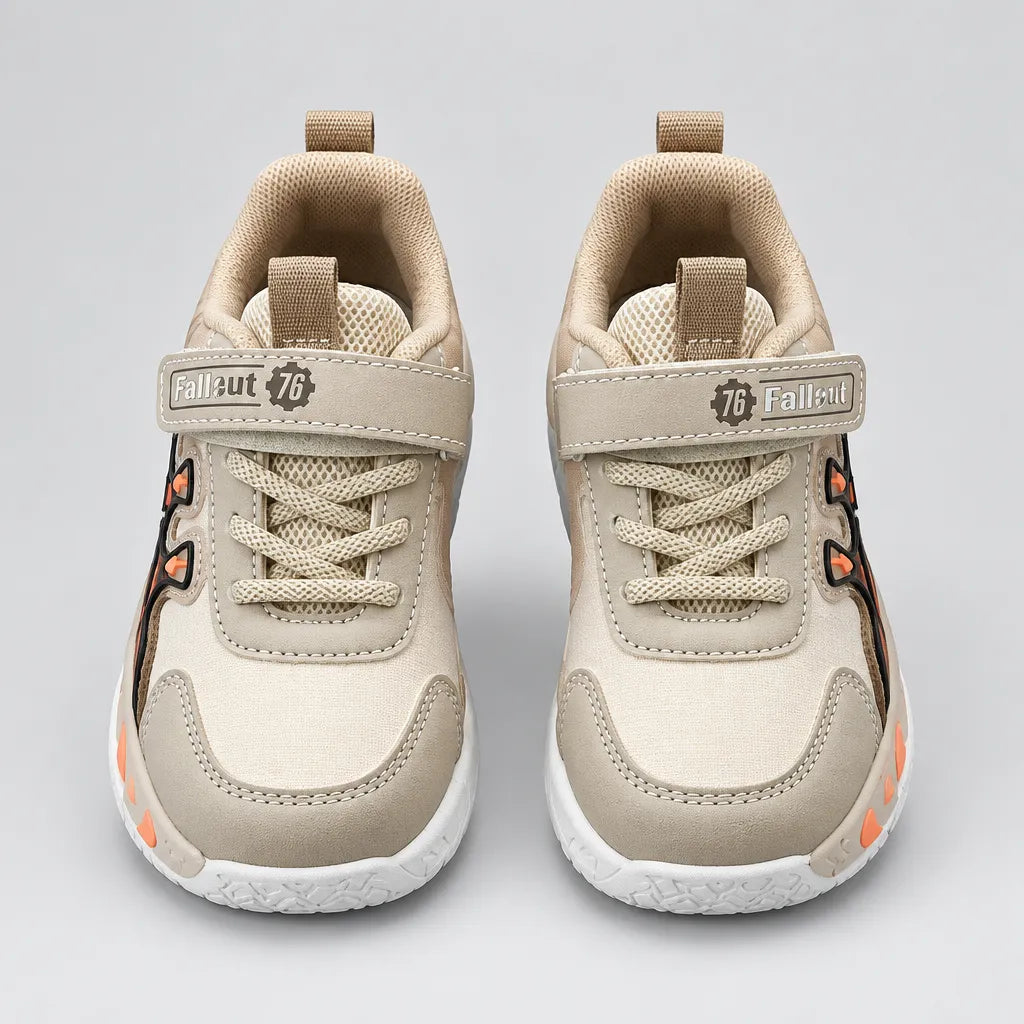 Beige No.1 chunky kids sneaker with strap and white sole, side view