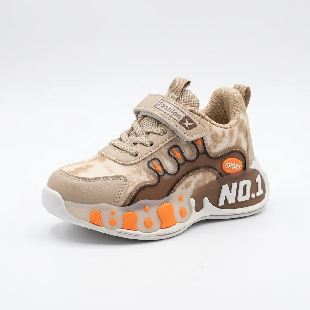 Beige No.1 light-up kids sneaker, patterned outsole view