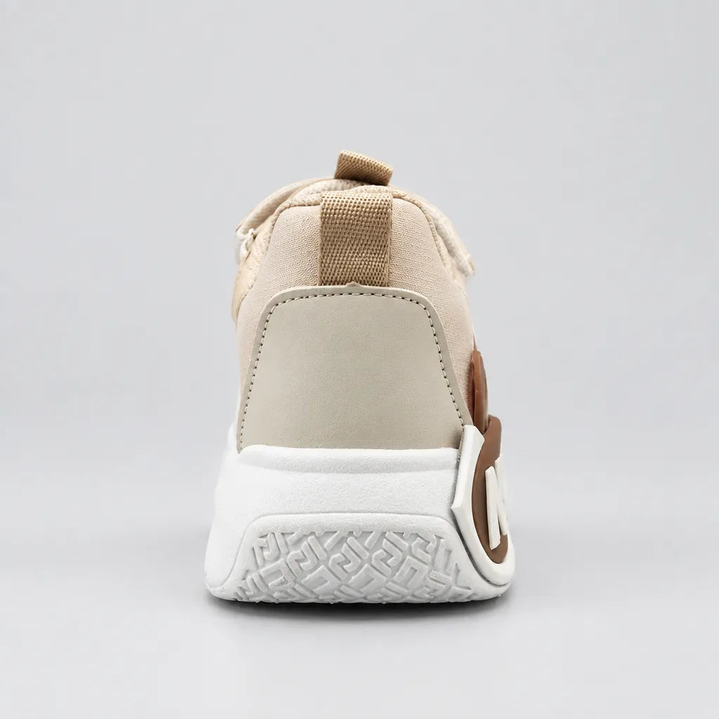 Pair of beige No.1 light-up kids sneakers with straps, top front view