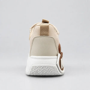 Pair of beige No.1 light-up kids sneakers with straps, top front view