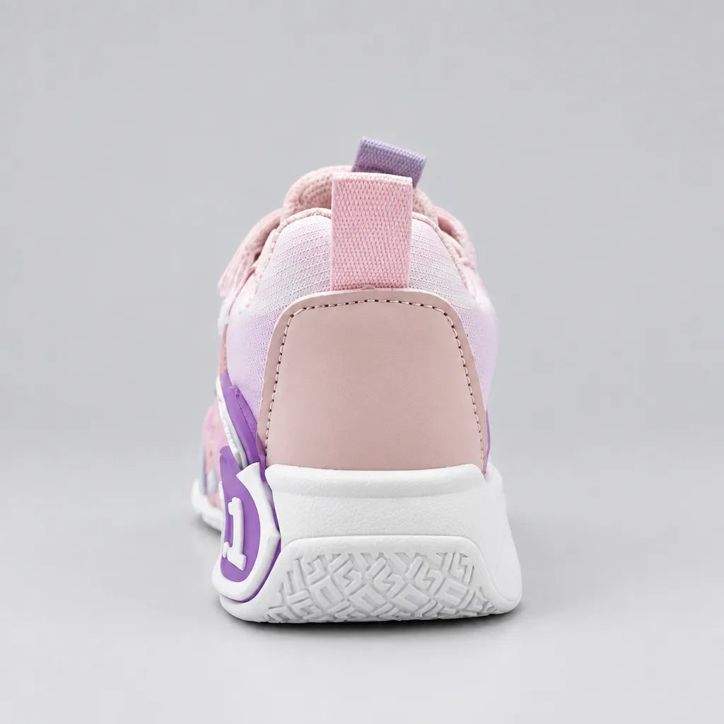 Pink No.1 chunky kids sneaker with strap and purple sole detail, side view