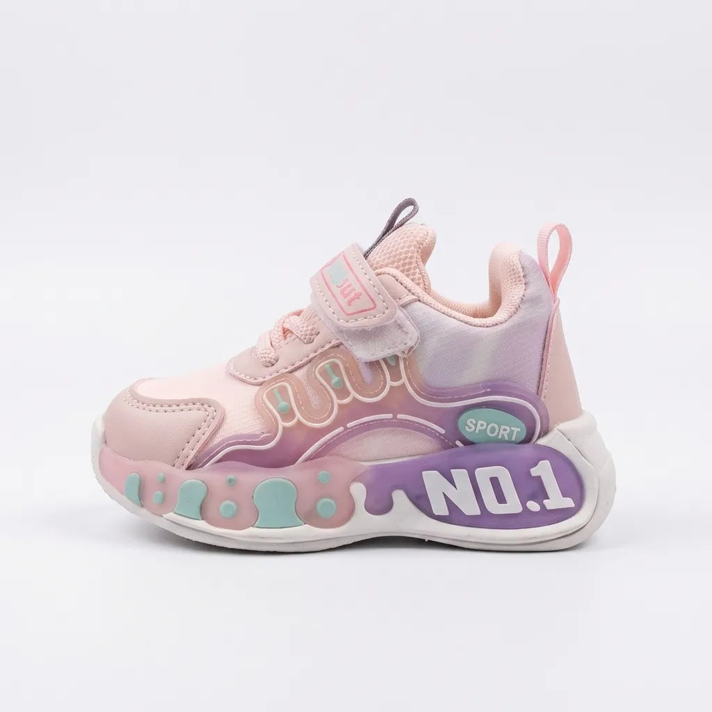 Pink No.1 light-up kids sneaker with strap and purple chunky sole, side view