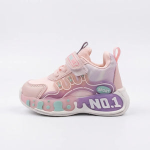 Pink No.1 light-up kids sneaker with strap and purple chunky sole, side view