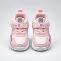Pair of pink No.1 light-up kids sneakers with hook-and-loop straps, front view