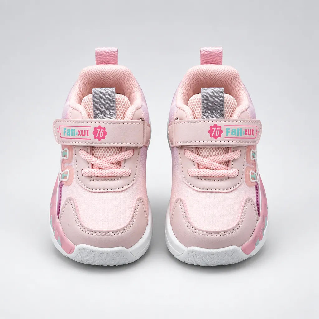 Pair of pink No.1 light-up kids sneakers with hook-and-loop straps, front view