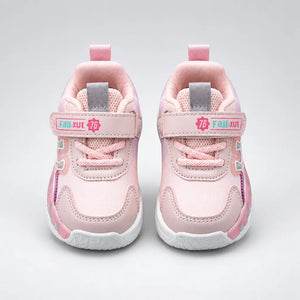 Pair of pink No.1 light-up kids sneakers with hook-and-loop straps, front view