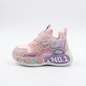 Pink No.1 light-up kids sneaker with heel pull tab, rear view